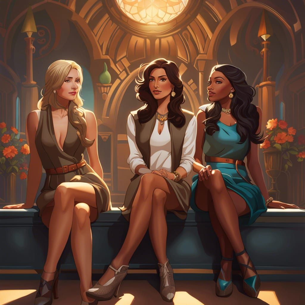 Girls on Bench: Art Nouveau Digital Illustration