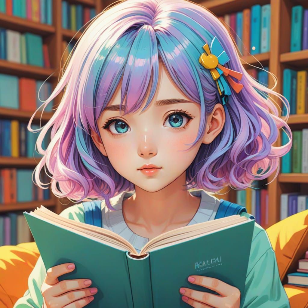 Girl Reading Book in Anime Style Manga