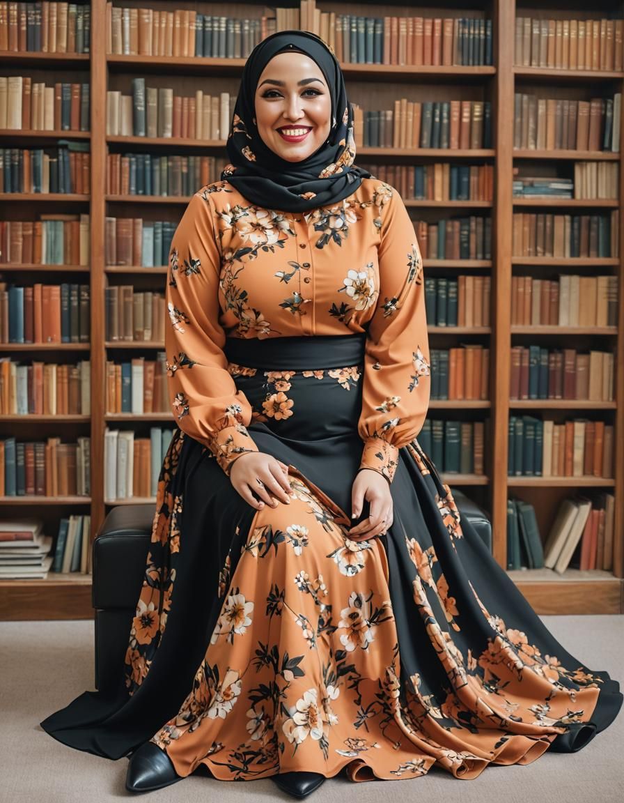 Elegant Oil Portrait of Middle Eastern Woman in Library