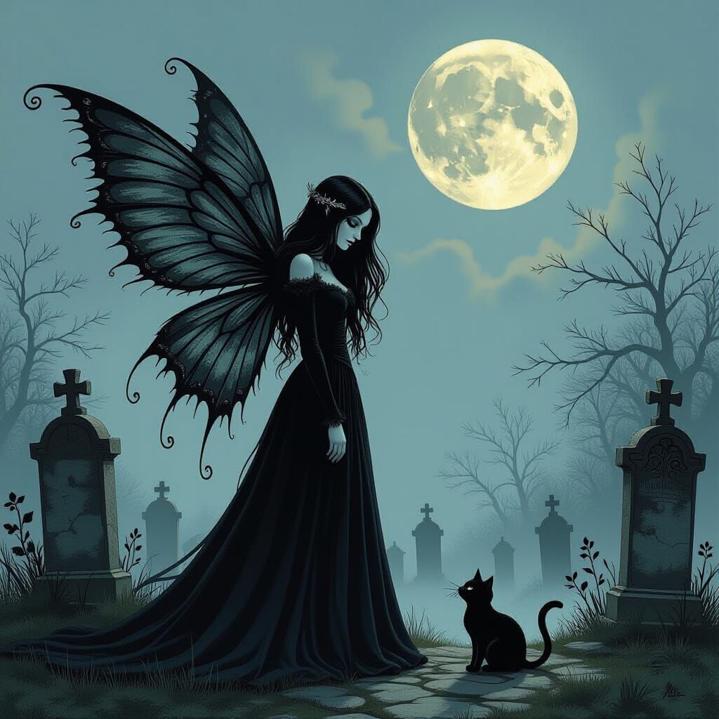 Gothic Fairy in Cemetery Under Hazy Moon, Gouache Style