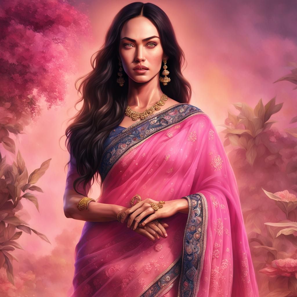 Megan Fox in Pink Saree: Hyperrealistic Anime Portrait