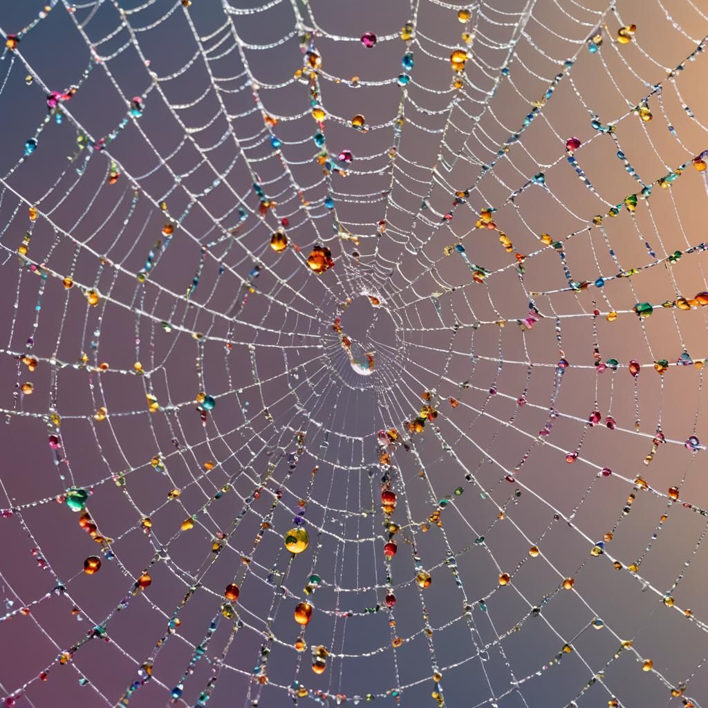 Macro Spiderweb with Colorful Makeup and Dewdrops