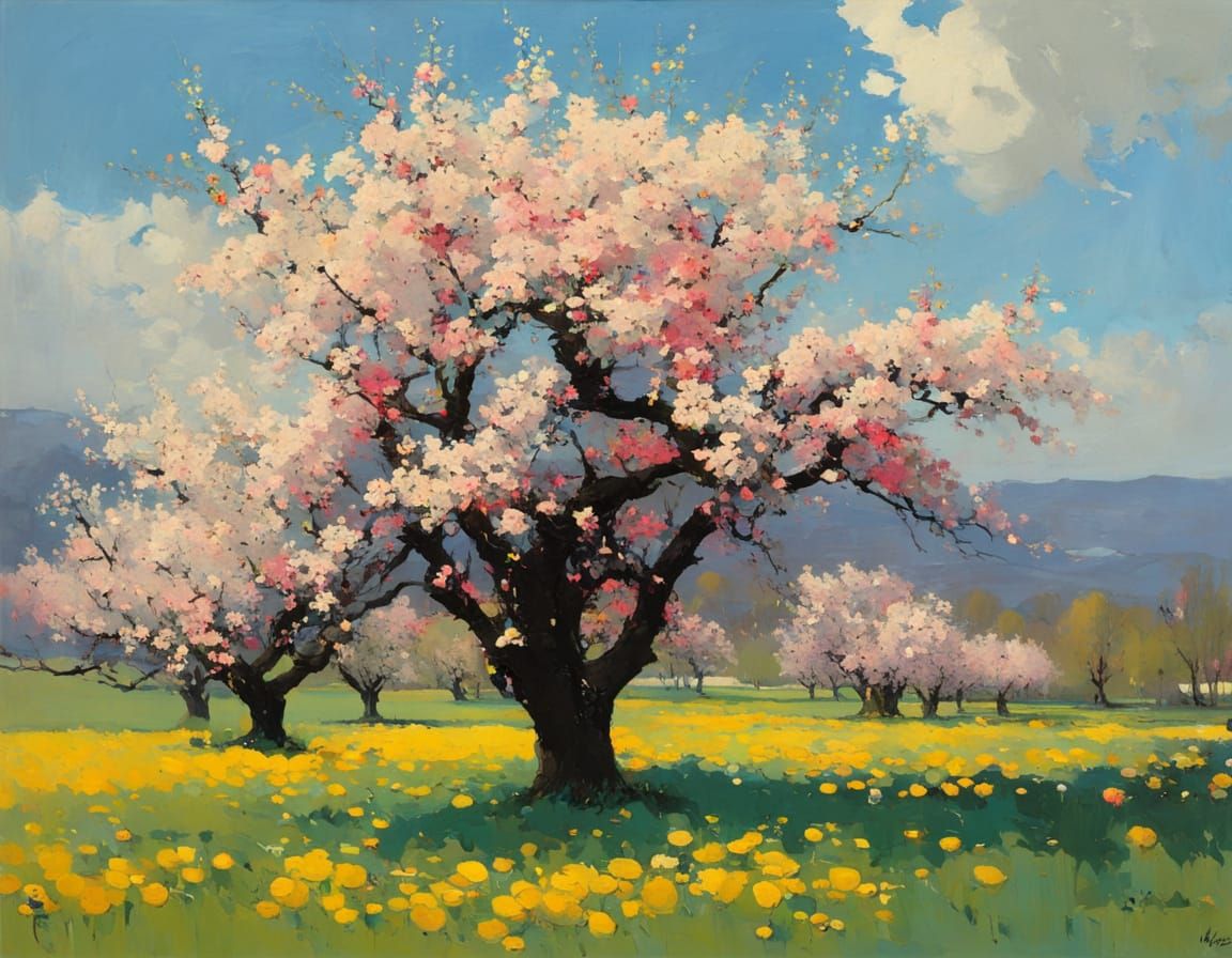 Blossoming Apple Orchard in Impressionist Style