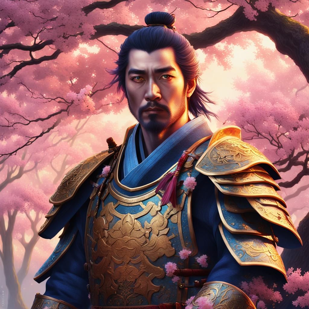 Fantasy Samurai Warrior with Glowing Sword in Cherry Blossom...