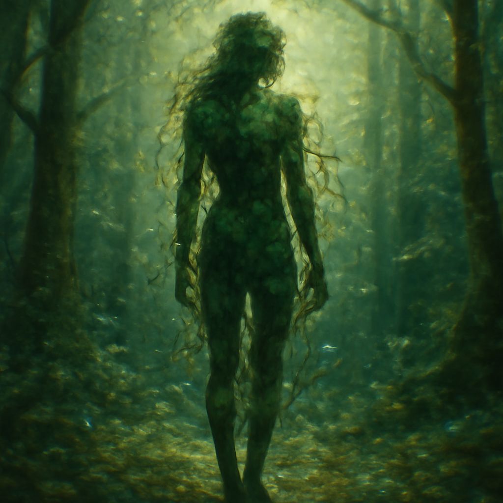 Figure Merged with Nature in Enchanted Forest