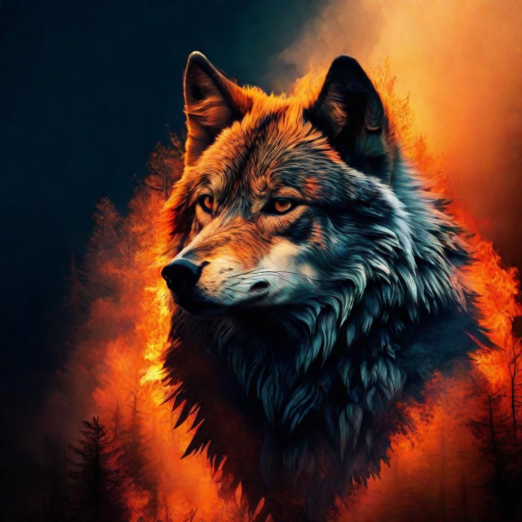 Fiery Wolf Silhouette: Double Exposure Digital Art