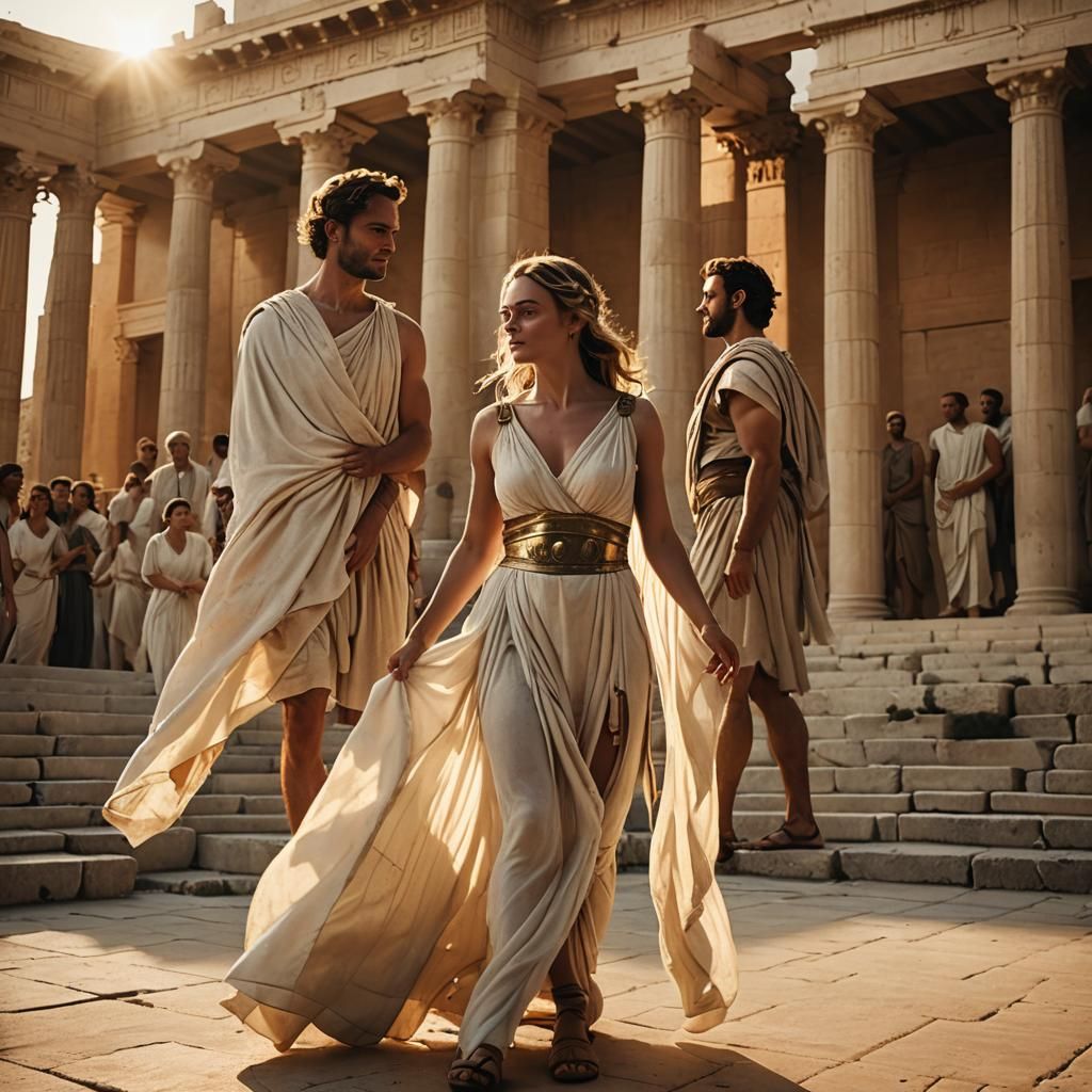 Woman in Greek Dress Beside Man in Roman Clothes