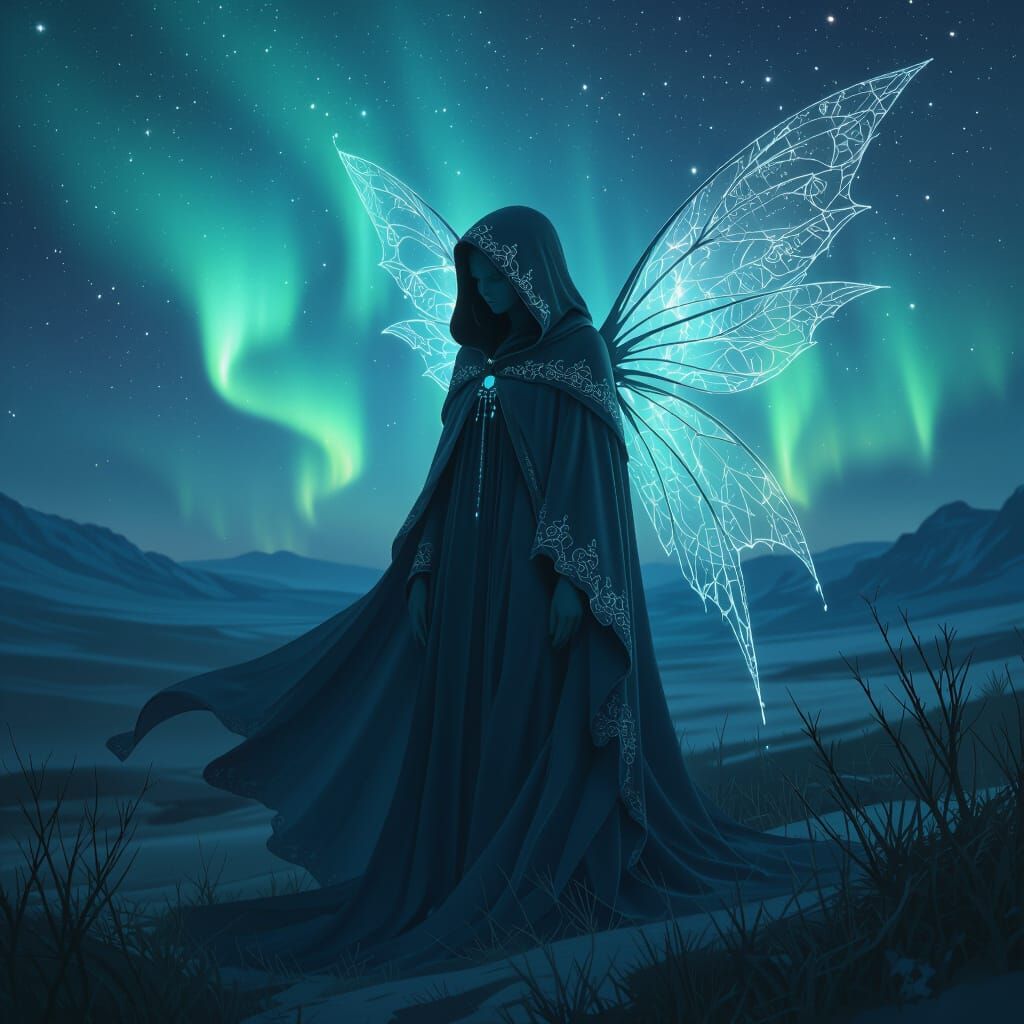 Ethereal Being in Dreamy Aurora Landscape