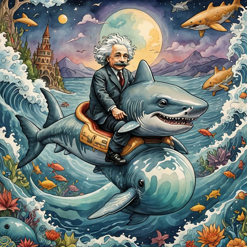 Einstein's Shark Ride: Watercolor Fantasy