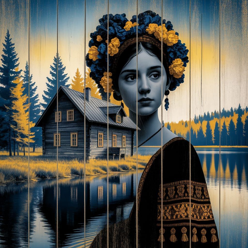 Ukrainian House with Woman Silhouette in Double Exposure