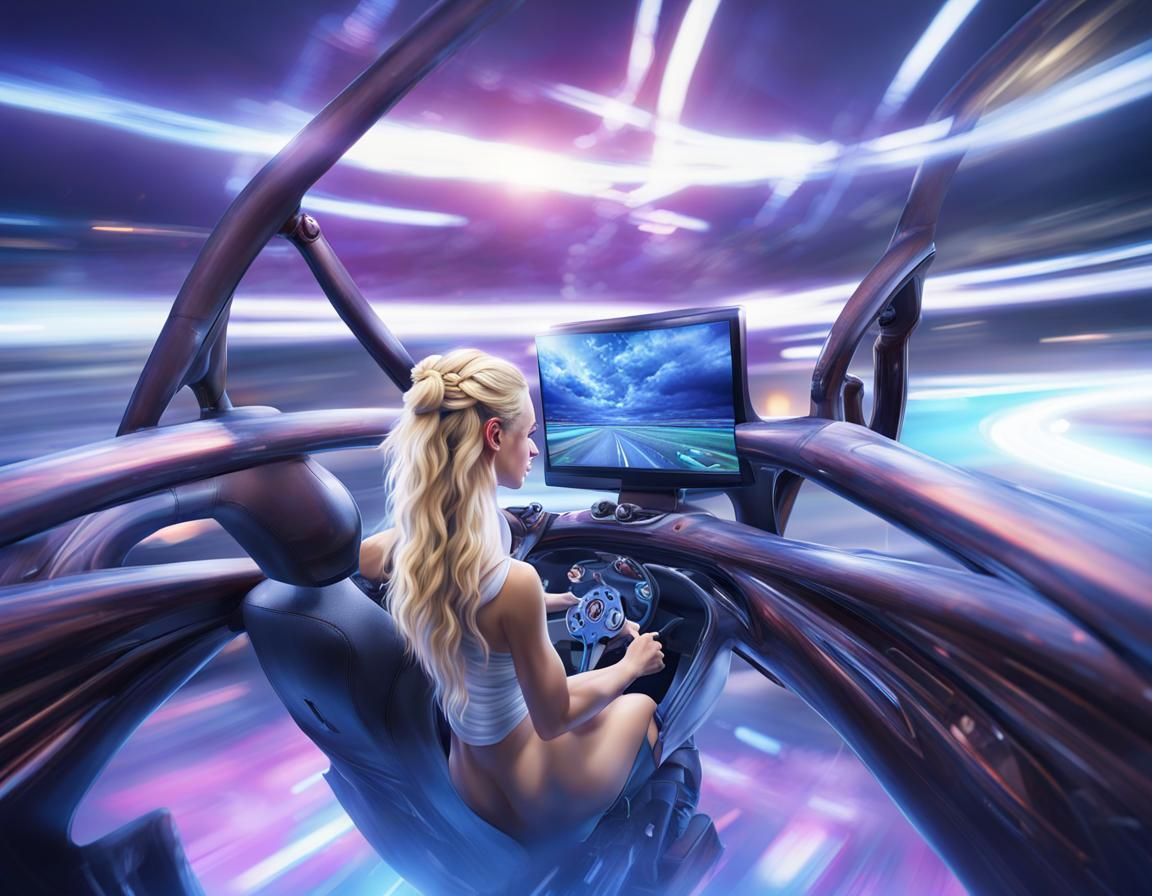 young attractive pretty woman playing video game on PC, both hands on Steering Wheel Joystick, beautiful, blond, hair, l...