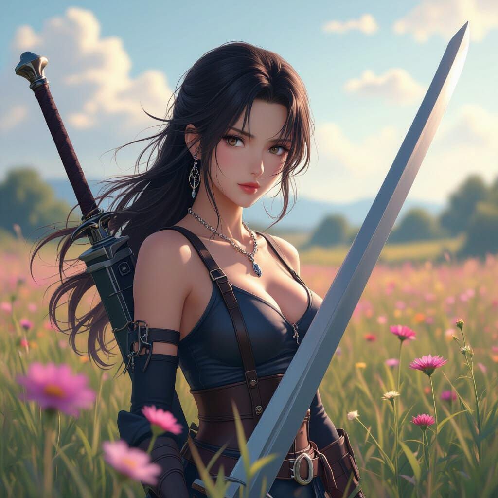 Anime Heroine with Sword in Sunlit Field