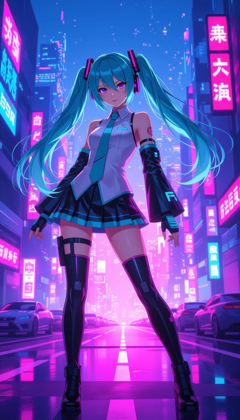Hatsune Miku in Cyberpunk Video Game Landscape
