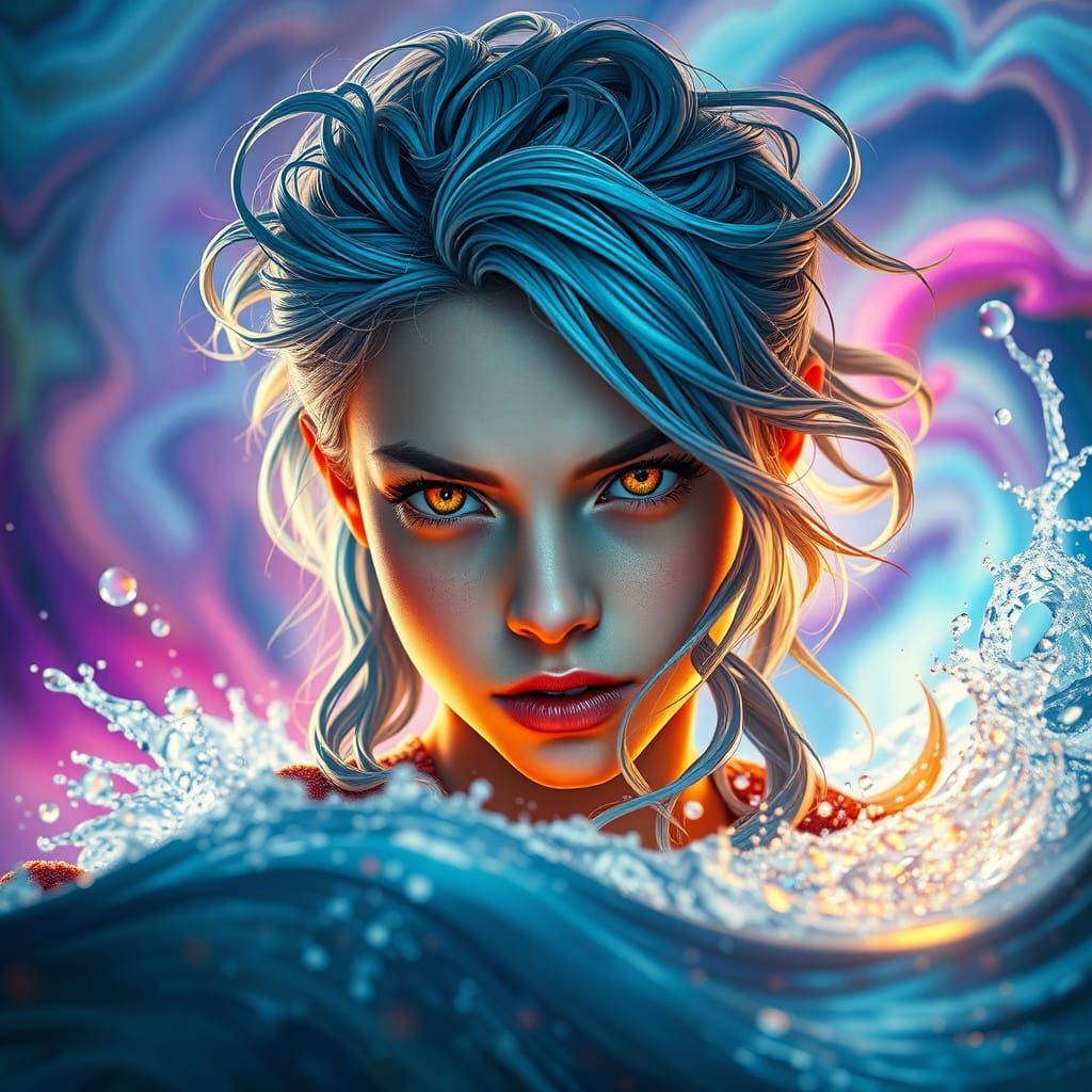 Determined Magical Girl Erupts from Dreamlike Ocean in Hyper...