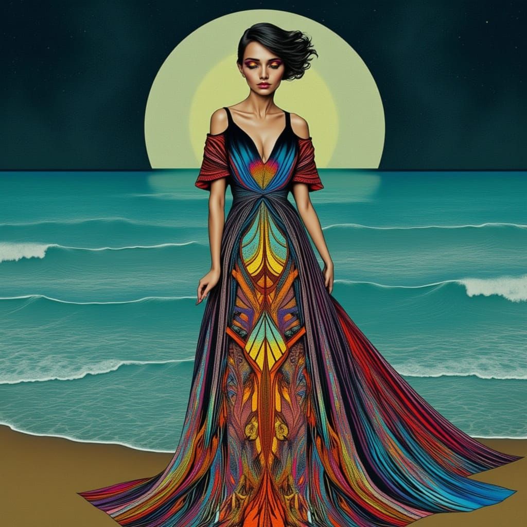 Elegant Woman on Moonlit Beach, Art Nouveau Style