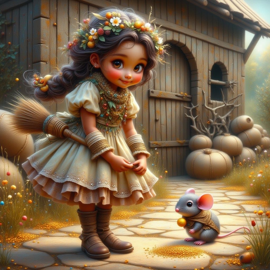 Girl Chasing Mouse at Old Mill in Photorealistic Style