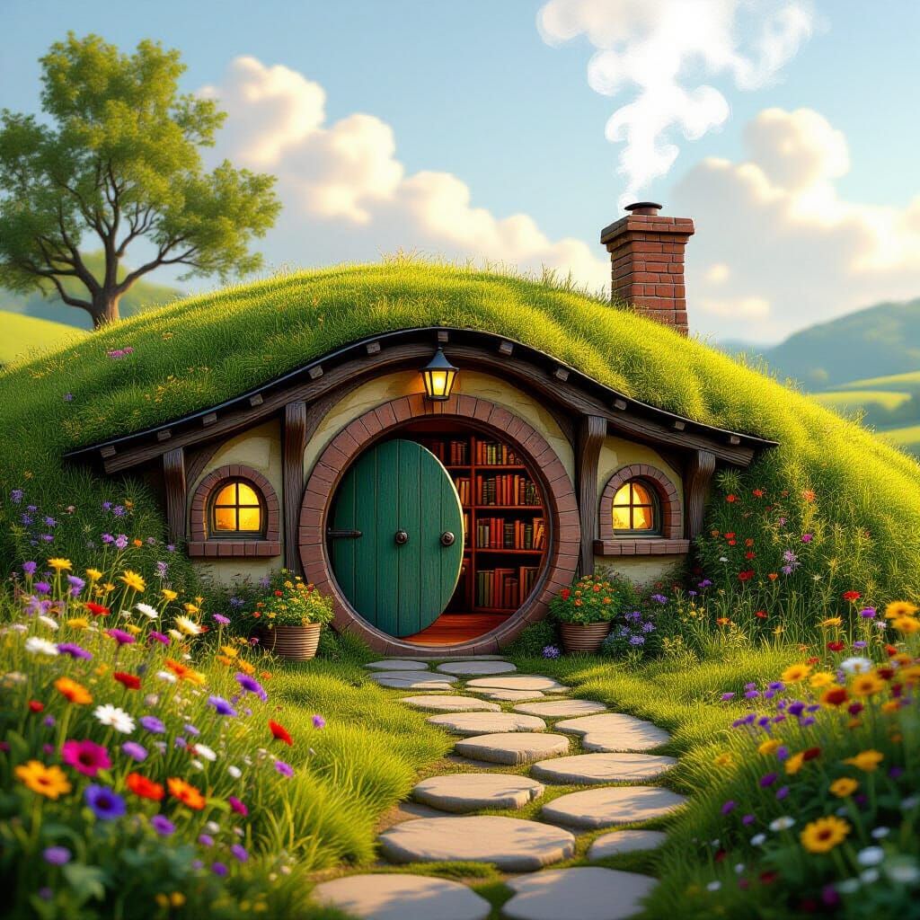 Cozy Hobbit Hole in Rolling Hills, Matte Painting Style