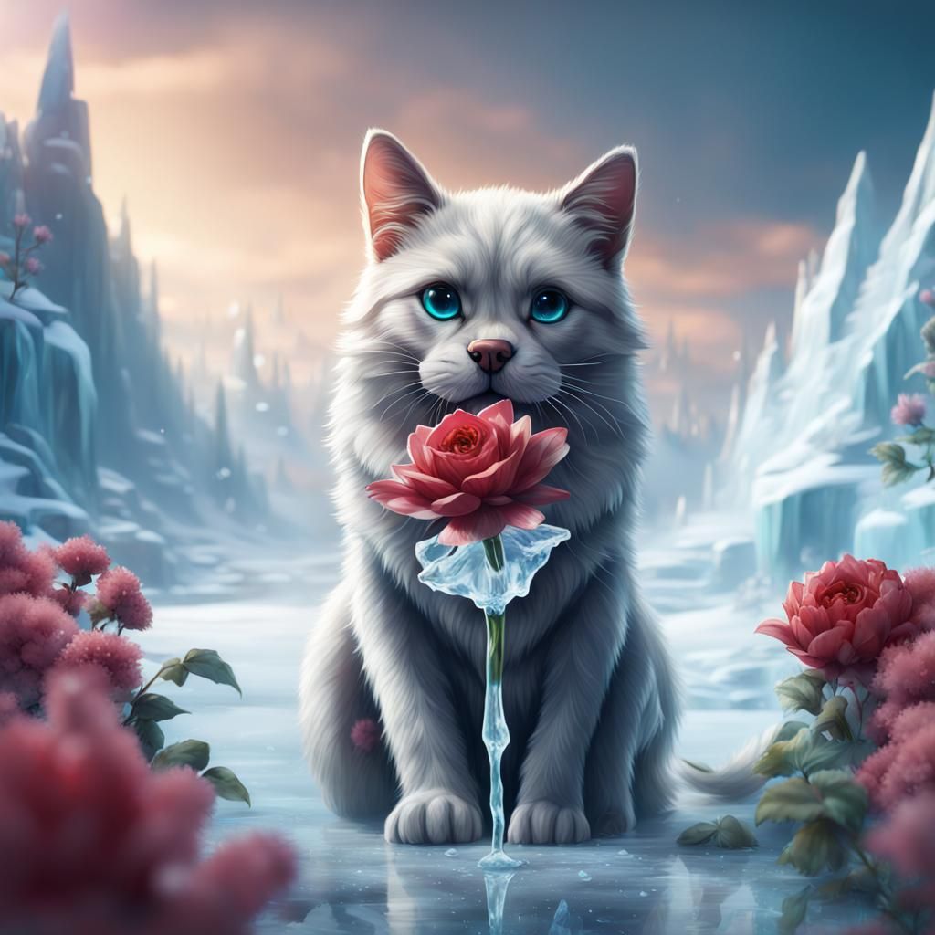 Cat-Dog Hybrid in Ice World with Flower
