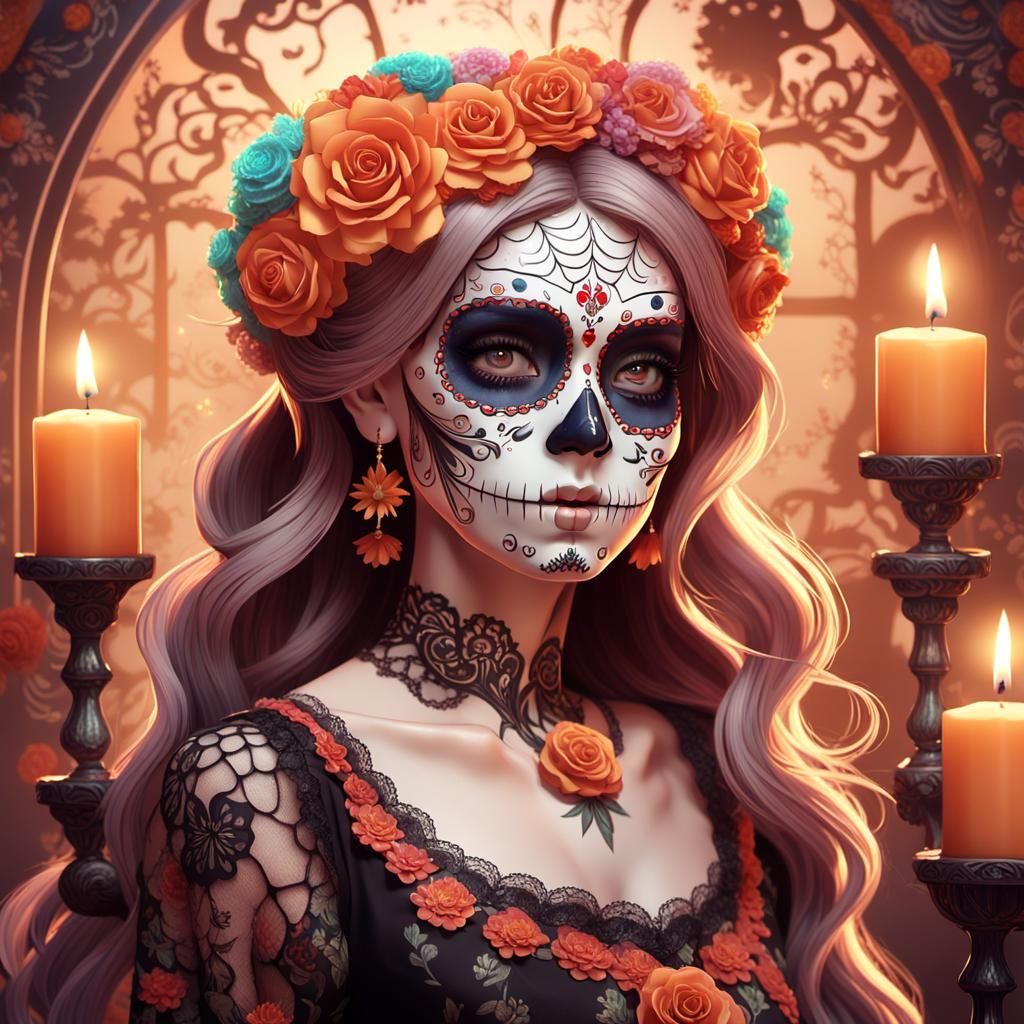 Woman with Day of the Dead Face Paint in Anime Style