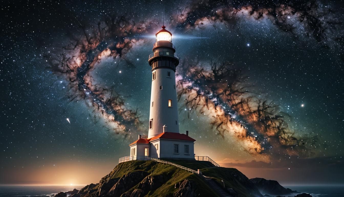 Futuristic Lighthouse in Space Guiding Spaceships