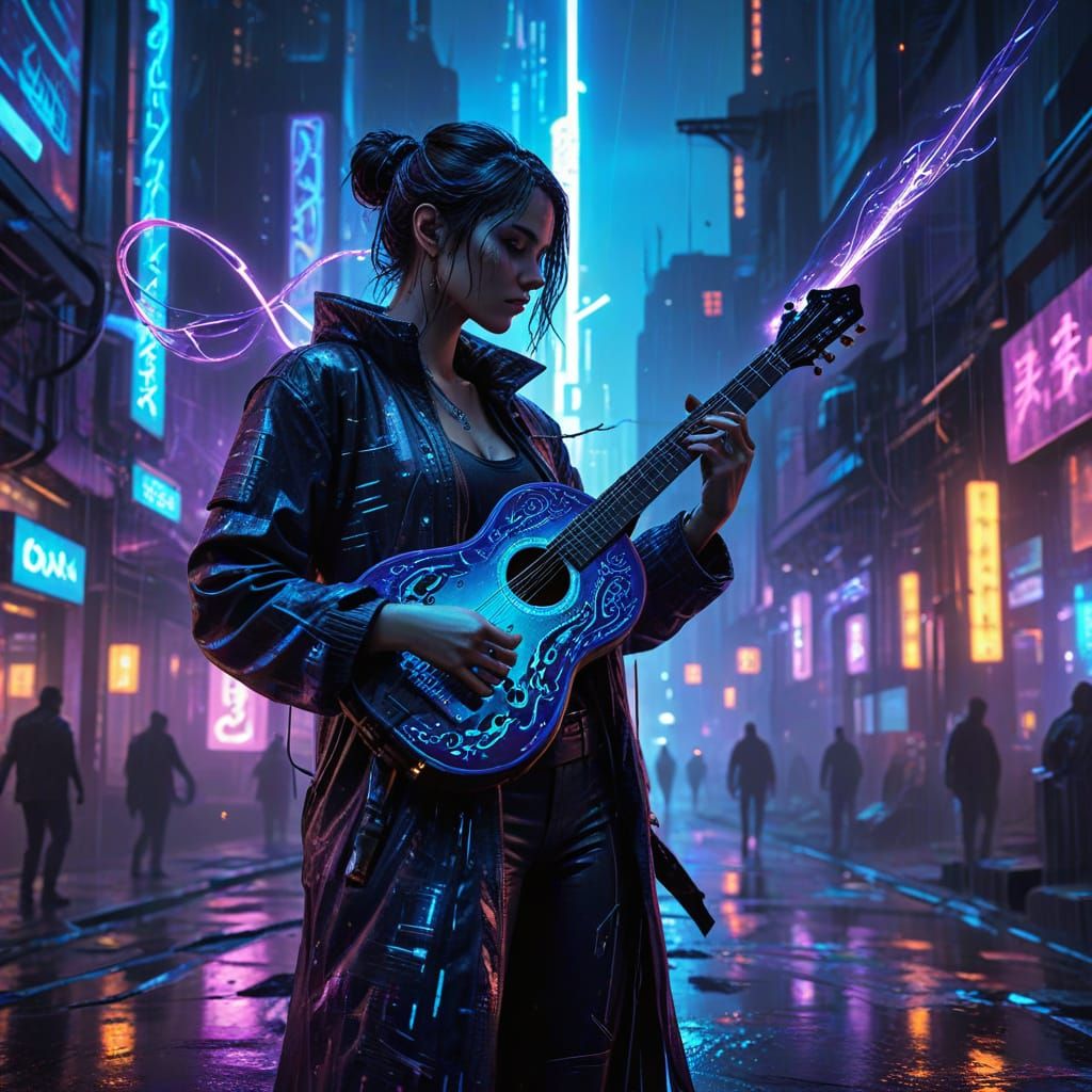 Cyberpunk Lute Player Soars Through Neon Cityscape