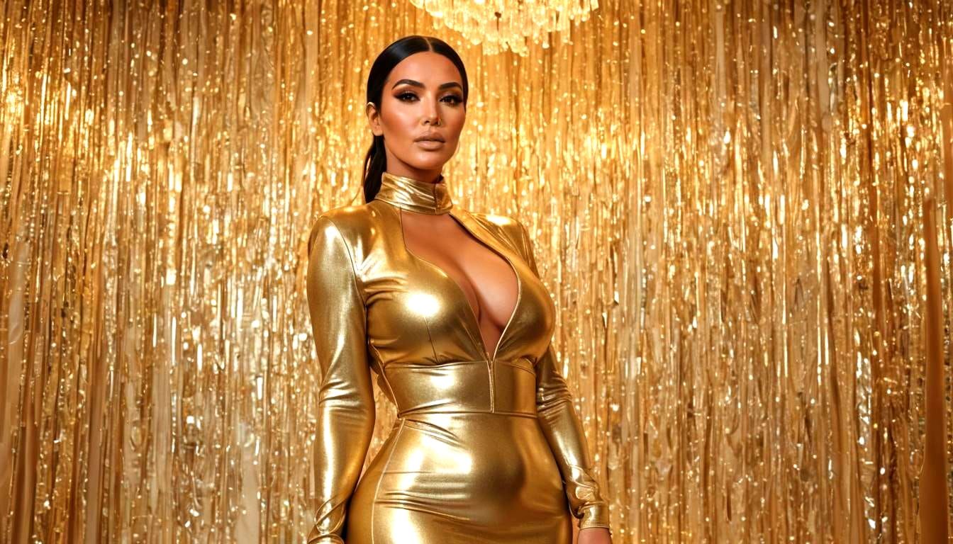 Kim Kardashian in Golden Leather Dress