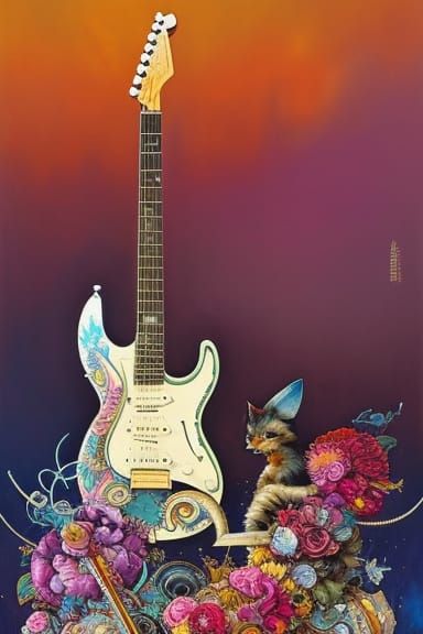 Steampunk Guitar Explosion: Art Nouveau Digital Illustration