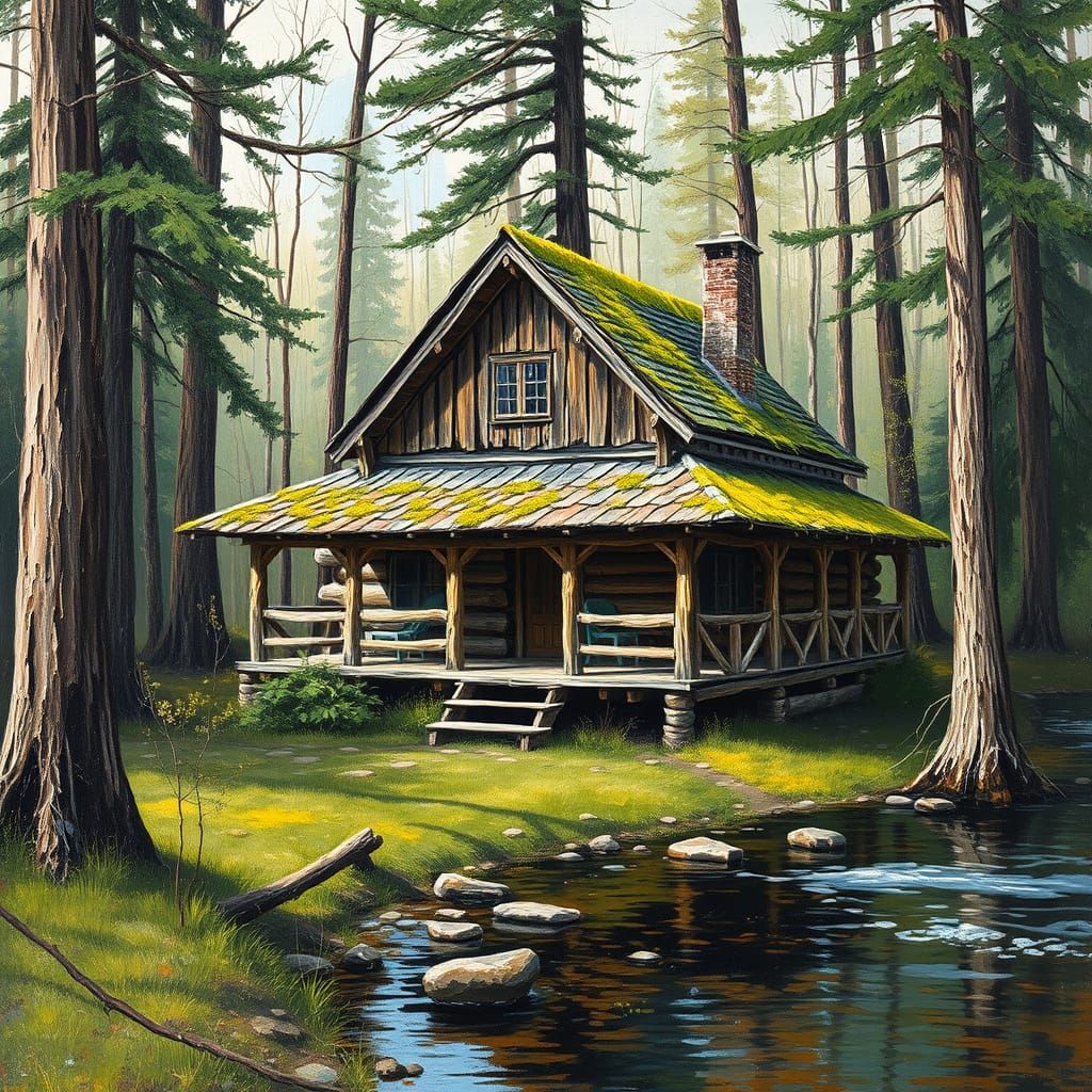Cabin on Creek in Forest as Impasto Painting