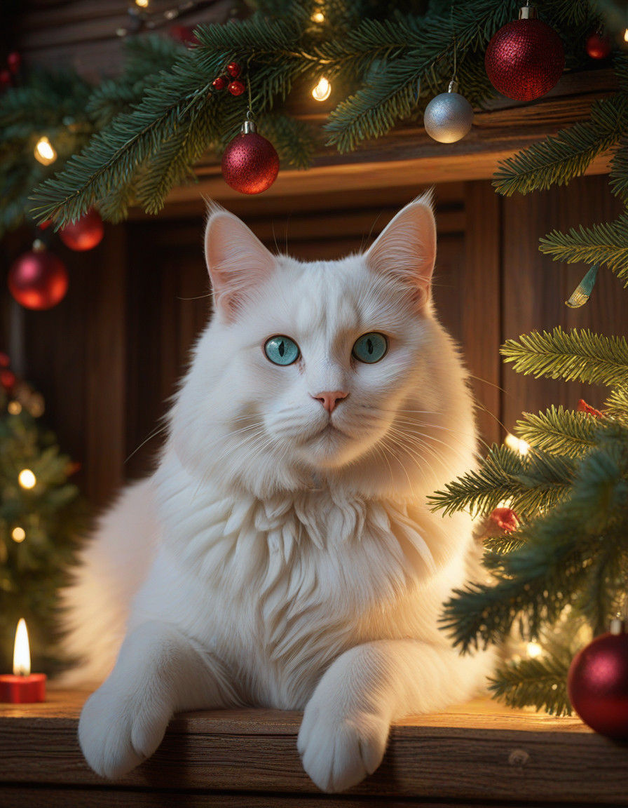 Cozy Christmas Portrait of a White Cat in a Wooden House