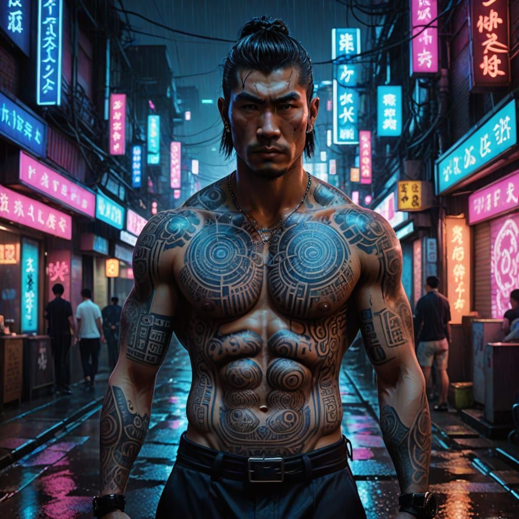 Glowing Yakuza in Cyberpunk Cityscape