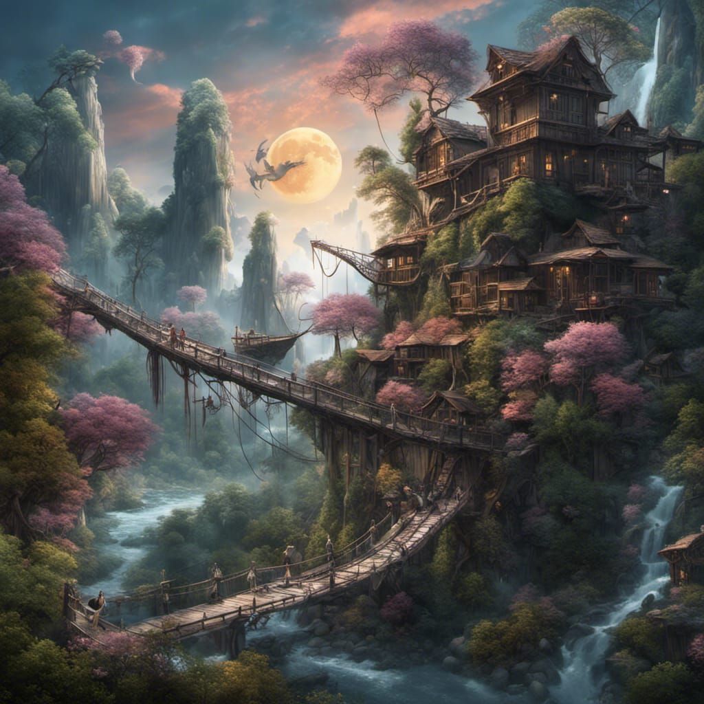 Fantastical Dragon Landscape with Treehouses in Detailed Dig...