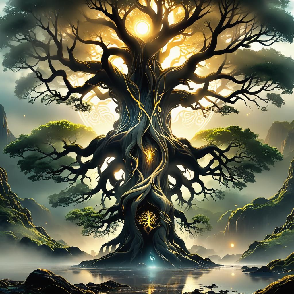 Yggdrasil in Misty Landscape: 3D Anime Art