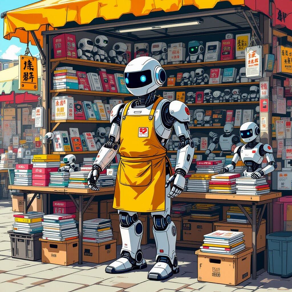 Robot Vendor at Market Stall in Futuristic Style