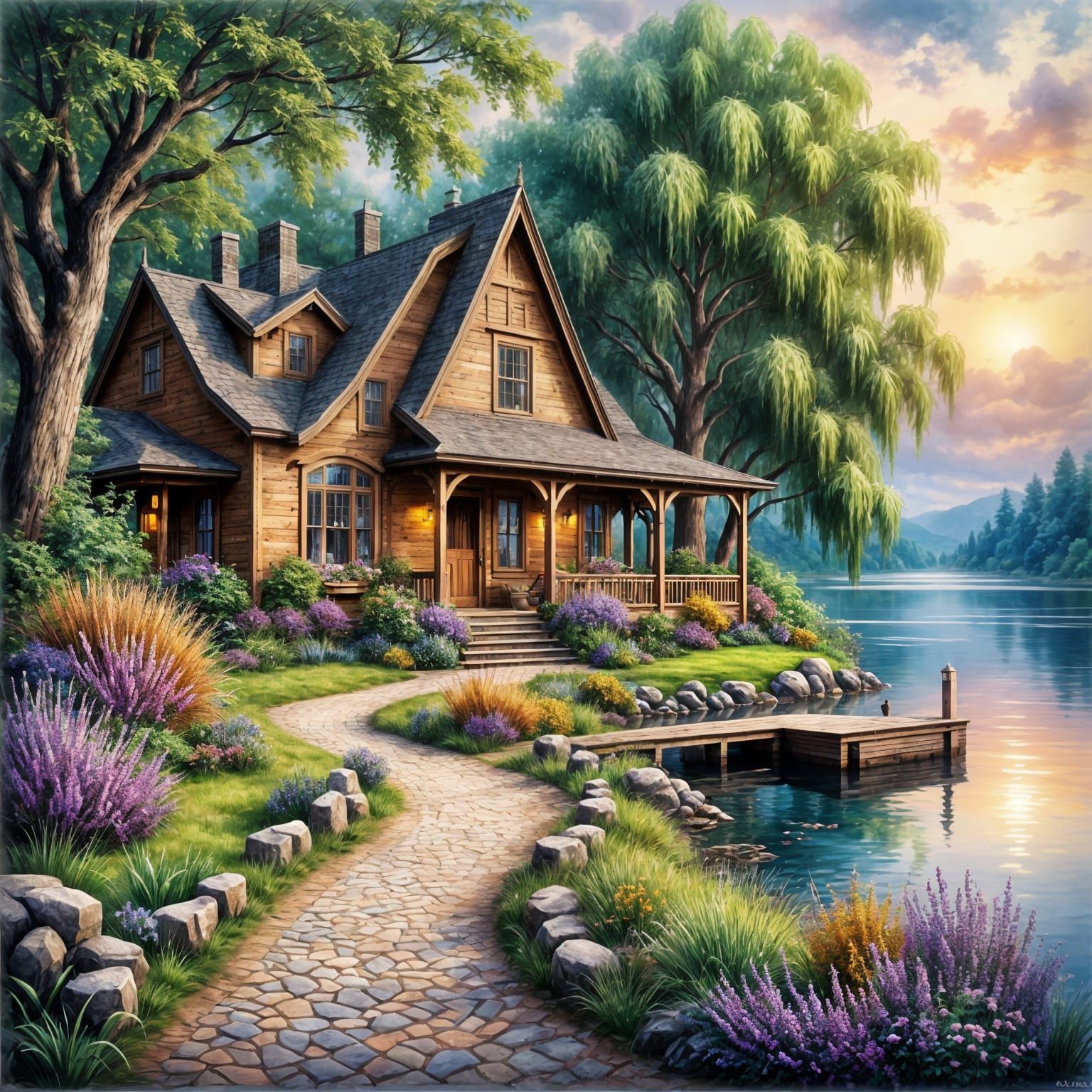 Lakeside House with Weeping Willow in Watercolor Style