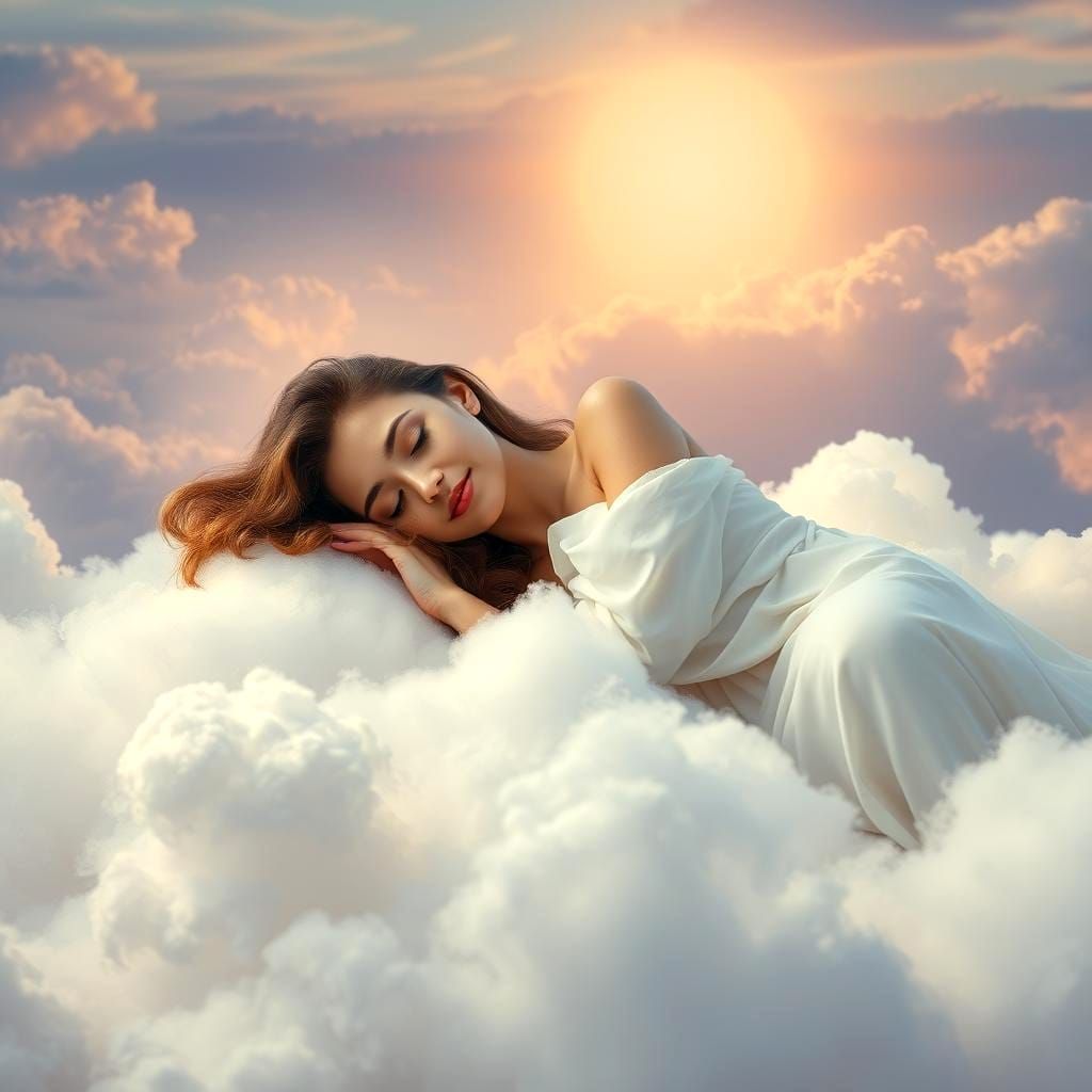 Dreamy Woman Asleep on a Cloud: Hyperrealistic Image