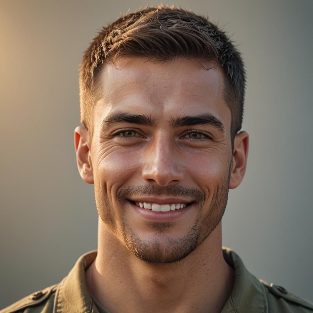 Hyper-Realistic Portrait of Smiling Man in Golden Light