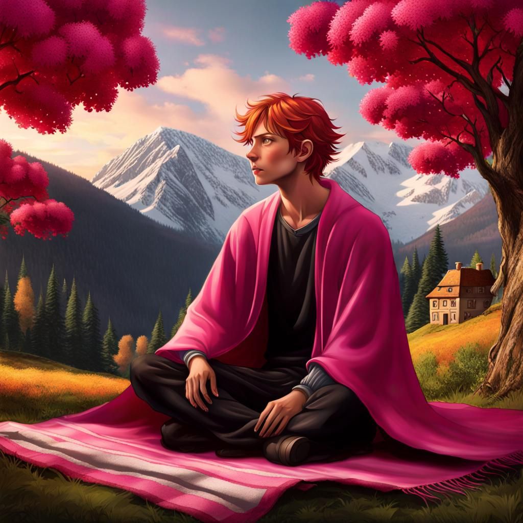 Boy with Black Wings Under Mountain Ash Trees