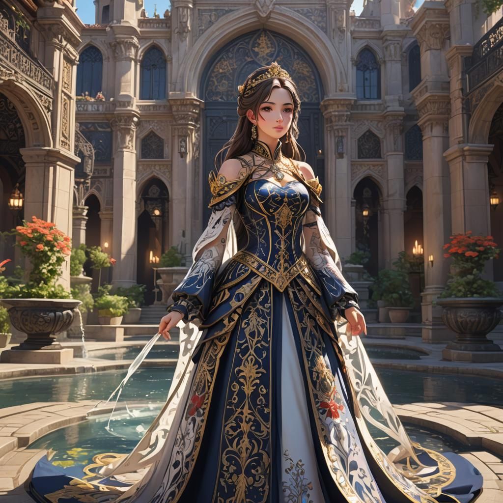 Chilean Princess in Gothic Courtyard: 3D Anime Art