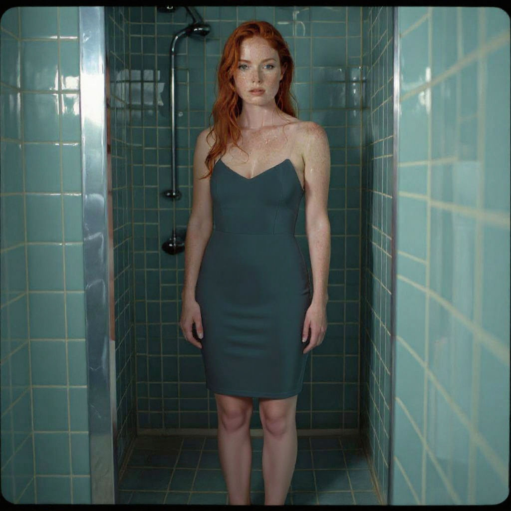 Red-Haired Woman Stepping Out of Shower: Cinematic Film Stil...