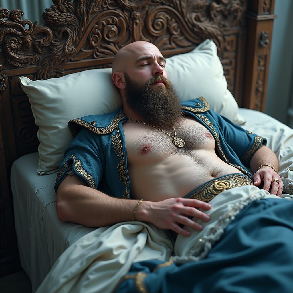 Fantasy Art: Muscular Man Asleep on Dragon Bed