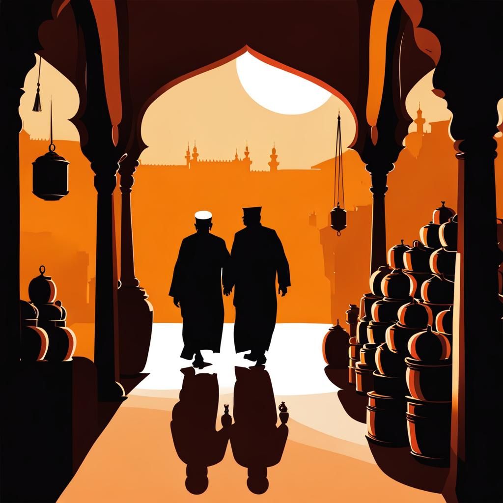 Silhouette of Merchant and Son in Arabian Market