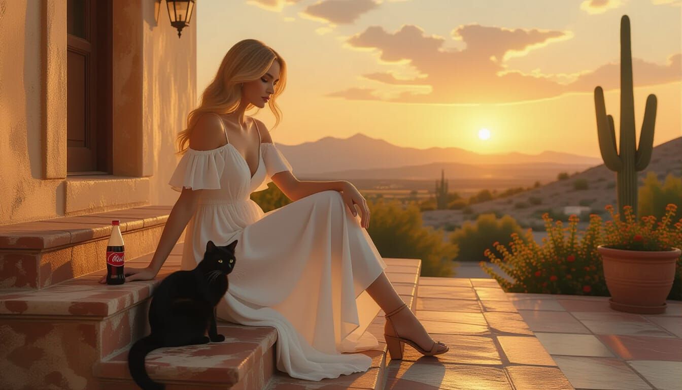 Woman and Cat on Patio in Pre-Raphaelite Style