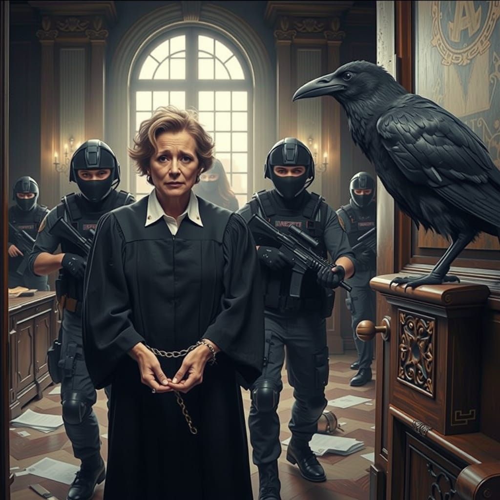 Distraught Judge Escorted in Opulent Chambers