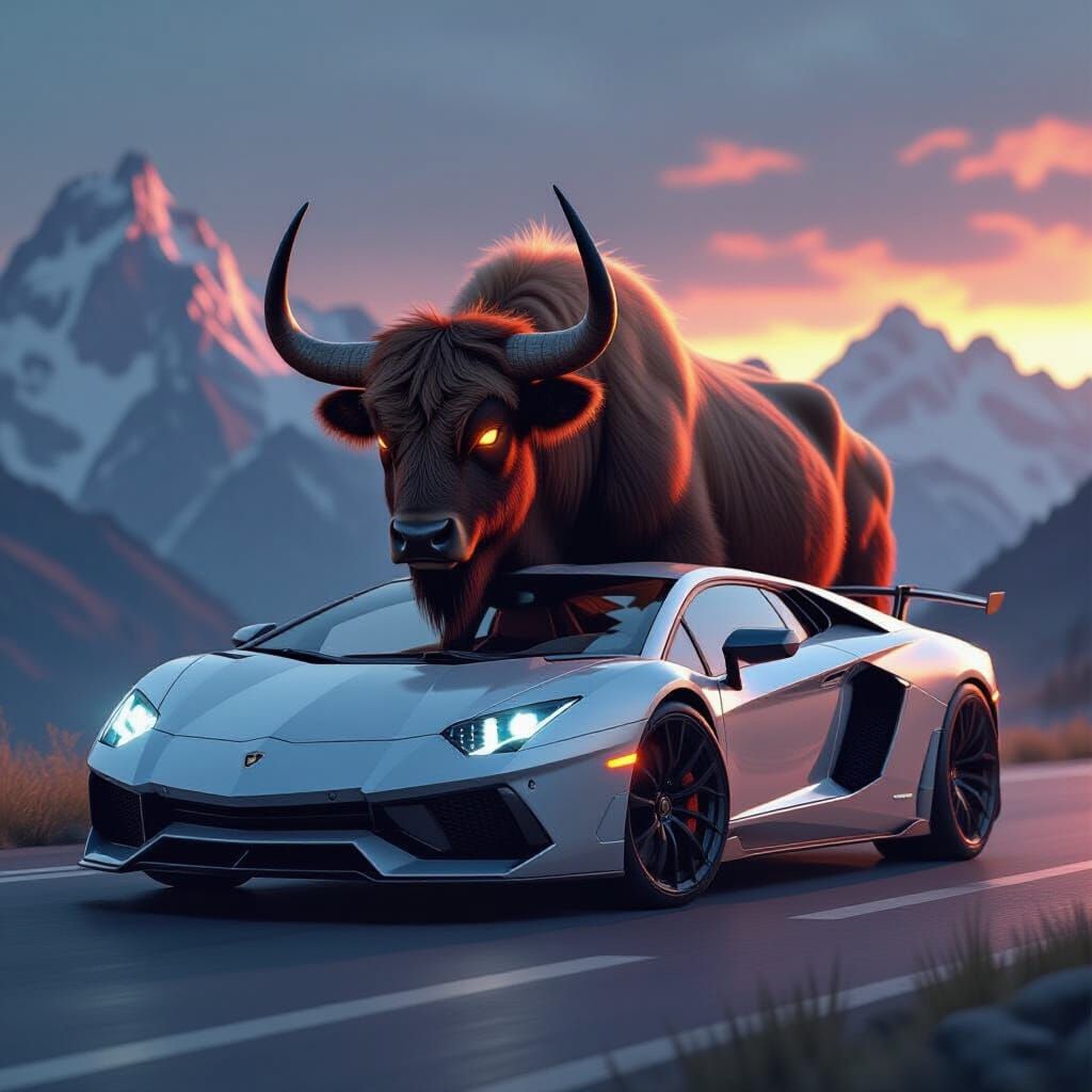 Surreal Yak-Lamborghini Hybrid in Mountain Landscape
