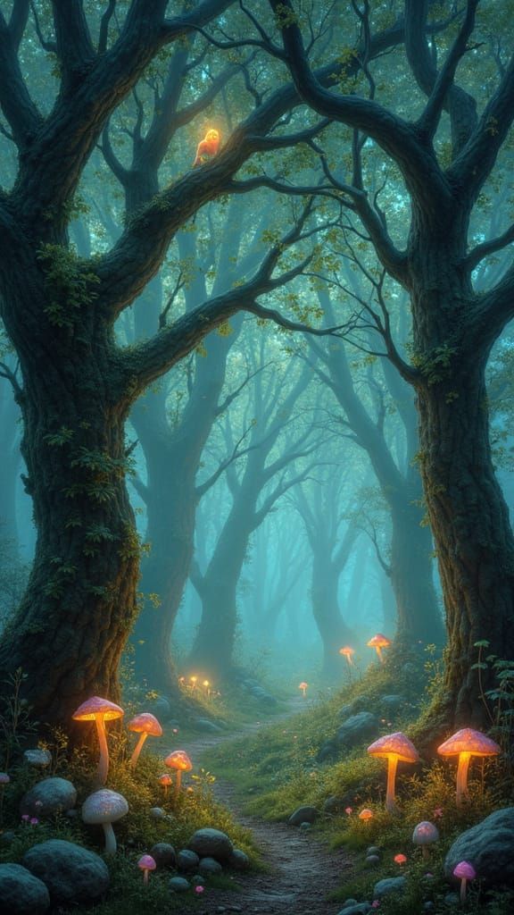 Ethereal Forest with Aurora Trees and Sprites