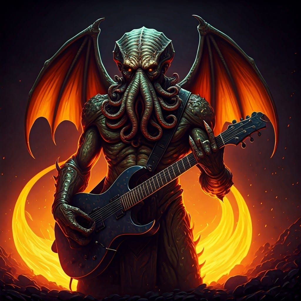 Cthulhu Shreds on Electric Guitar in Dark Fantasy Masterpiec...