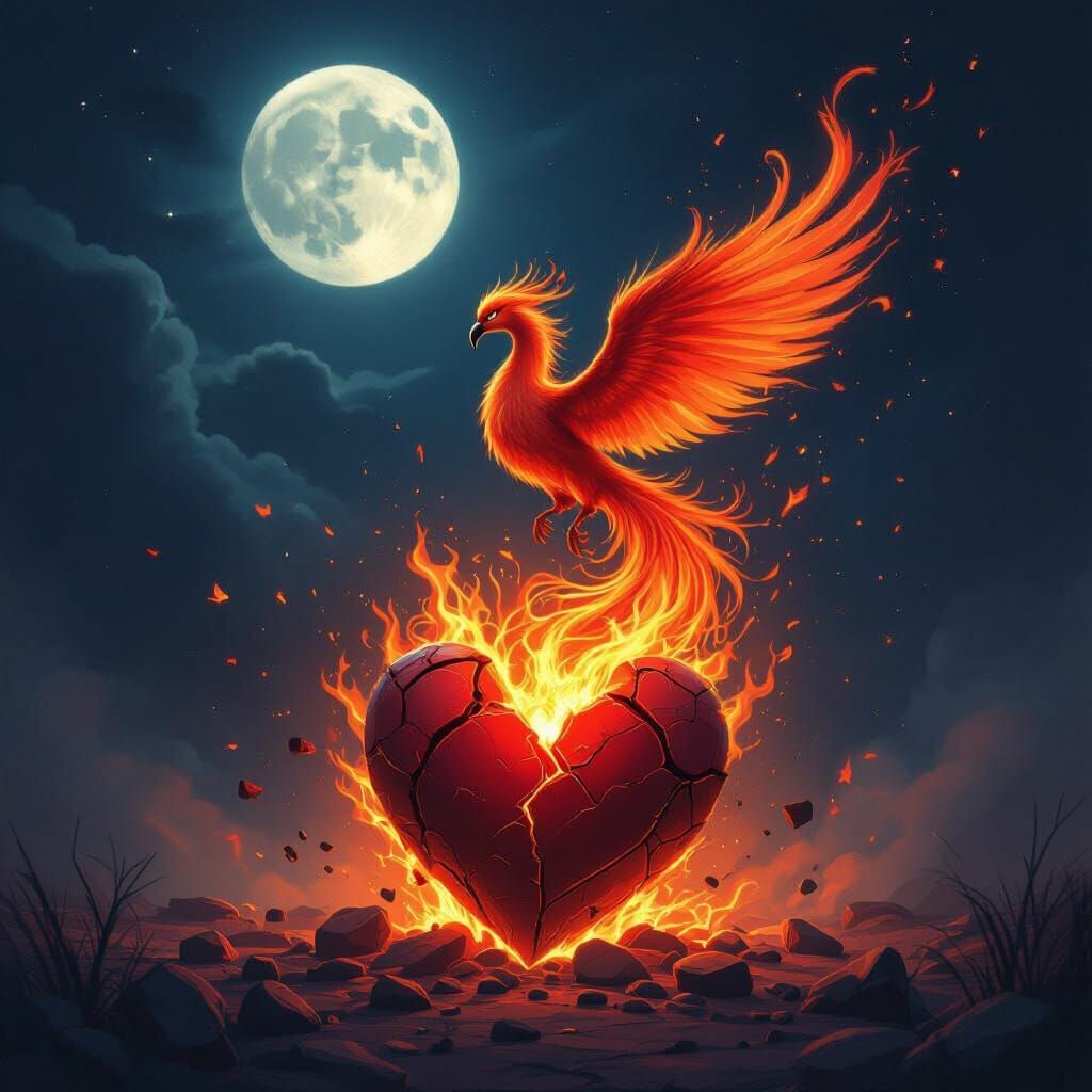 Flaming Phoenix Rising from Burning Heart Digital Art