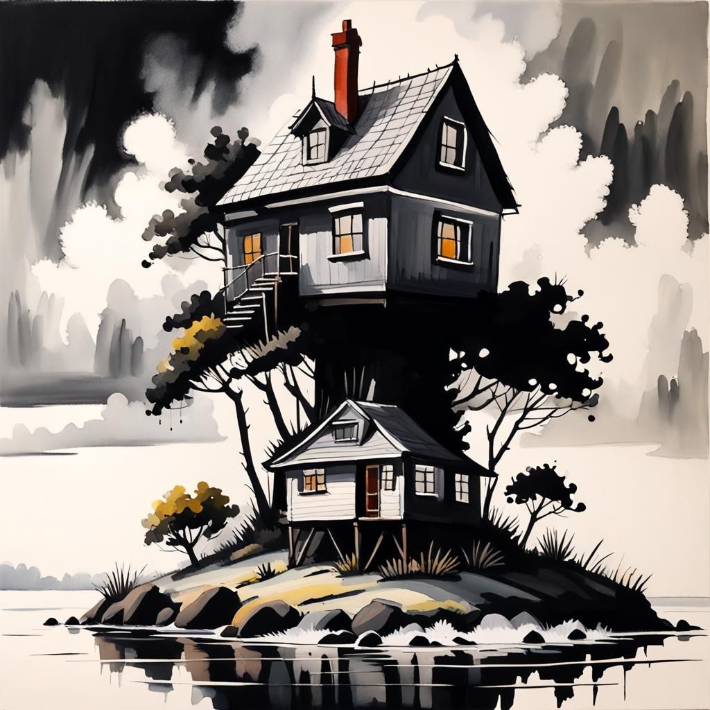 Foggy Island House in Gouache Watercolor Style