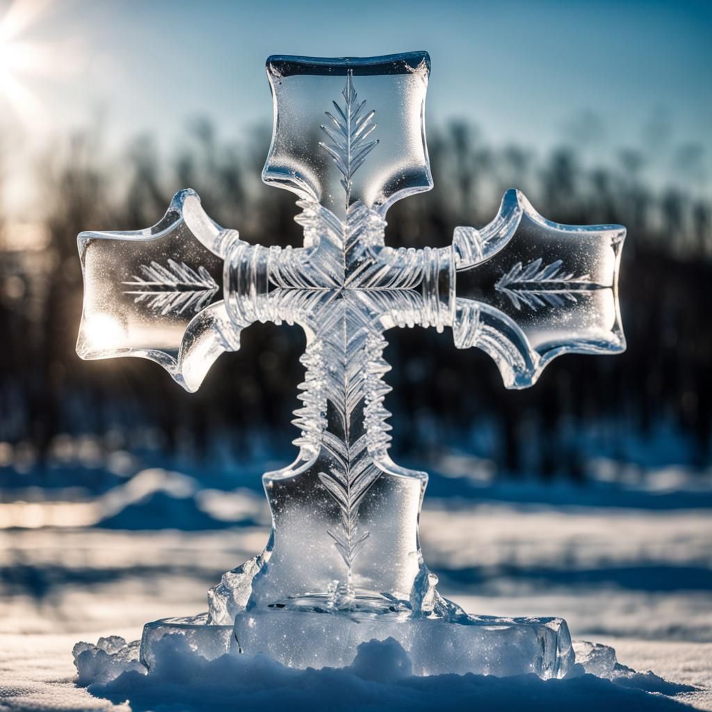 Intricate Transparent Ice Cross Sculpture on Moon