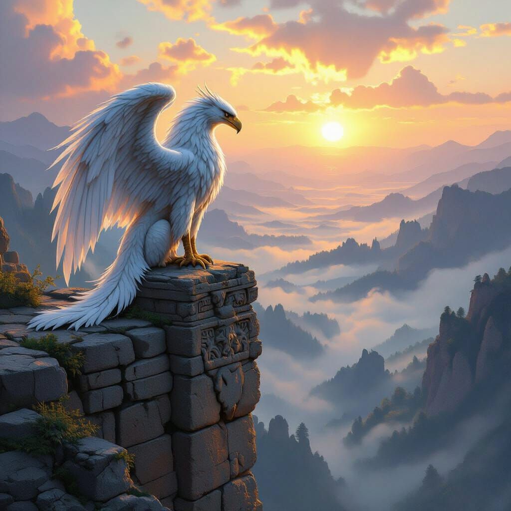 Majestic Griffin at Dawn Over Misty Valley